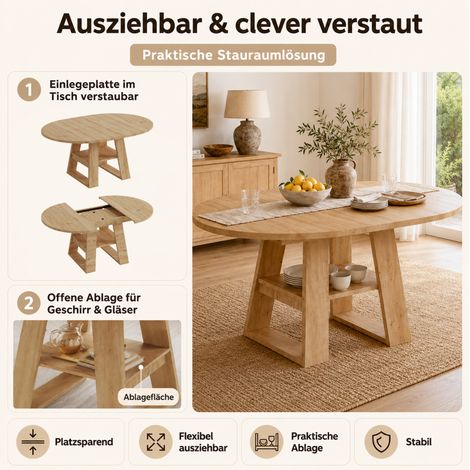 Mesa de comedor extensible redonda con almacenaje 110/150 x 110 cm MDF roble OKWISH (1/3)