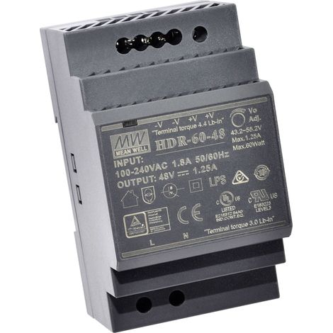 Mean Well – Alimentation rail DIN 24V DC 2.5A 60W – 1 sortie – Protection surcharge et court-circuit – Montage sur rail TS 35