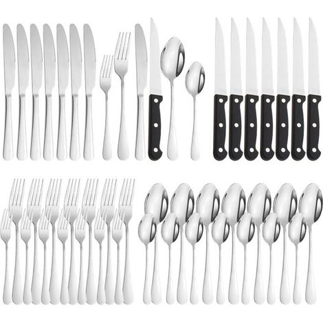 (Silber) 48-teiliges Besteckset für 8 Personen, hochglanzpolierter Edelstahl, mit Steakmesser, Silber (1/5)