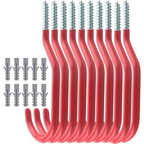 Crochets à vélo, lot de 10, Crochets robustes pour mur et plafond, crochets de rangement à visser avec revêtement en PVC, pour suspension sécurisée de vélos, couleur rouge (1/5)