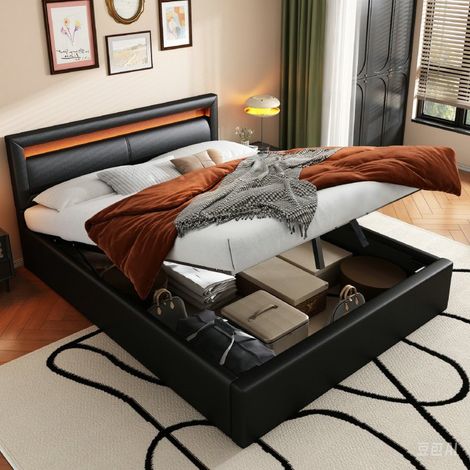 Lit coffre LED 140 x 190 cm noir avec sommier à lattes et tête de lit rembourrée