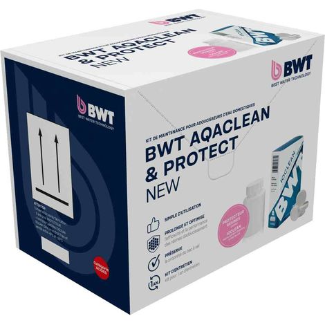 BWT – Pack d'entretien AQA Clean et PROTECT – 4 pastilles IOCLEAN pour nettoyage résines – Flacon 250ml protecteur de résines – Compatible adoucisseurs