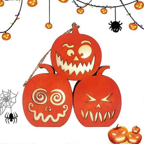 Citrouille lumineuse d'Halloween en bois avec LED, décoration festive à piles, centre de table autoportant (1/5)