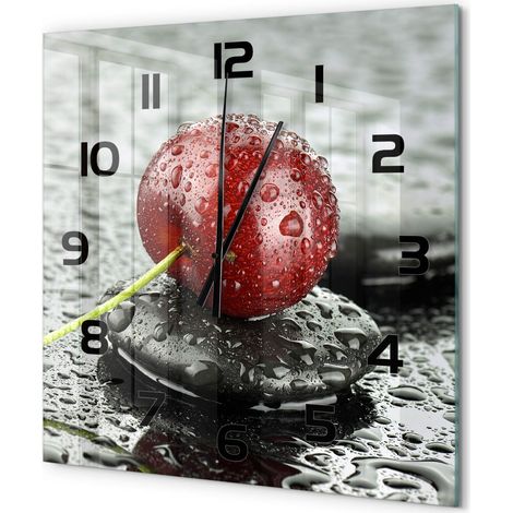 Grande Horloge Murale Carrée Décoration Murale Verre Trempé Design Artistique Cerise sous la pluie 60x60 cm (1/5)