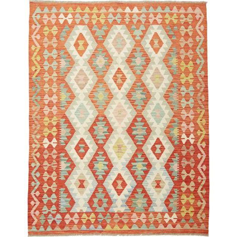 Tapis kilim 152 x 198 cm, motif géométrique, orange, crème et vert, en laine naturelle, tissé à plat artisanal (1/5)