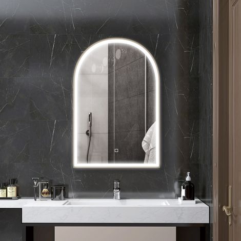 Miroir de salle de bain LED 90 x 60cm mural 3 couleurs arqué cadre en aluminium désembuage et interrupteur tactile ManBo