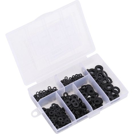 500pcs M2-M6 Nylon Flat Washer Gasket Plain Washers Assortment Kit with Box (Black)
