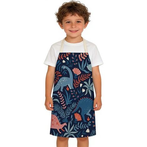 Grembiule per bambini con motivo di dinosauri in stile cartone animato, ideale per dipingere e cucinare in cucina. Consigliato per bambini e bambine. (1/5)