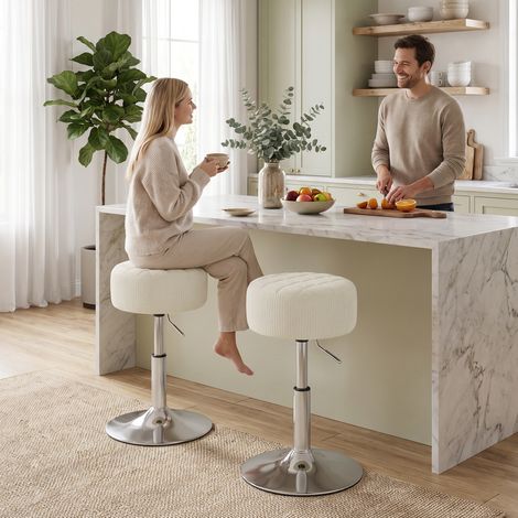 Tabouret Coiffeuse Chenille, Maquillage Pivotant, Bar Réglable 51-66 cm, Crème (1/5)