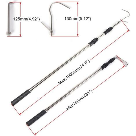 Crochet télescopique en acier inoxydable de 1,9 m pour camions, crochet de levage et de chargement en haute altitude, noir, emballage individuel, 1,9 m, crochet télescopique en acier inoxydable, pour
