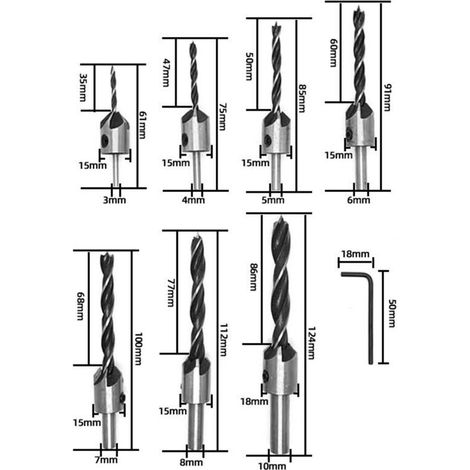7 pcs Foret Bois avec Fraise HSS Alésoirs de menuiserie Carottage Chanfrein Mèche à tête fraisée avec fraisage et butée de profondeur Jeu de forets à fraiser 90°Mèches à bois hélicoïdales (3-10 mm) (1/3)
