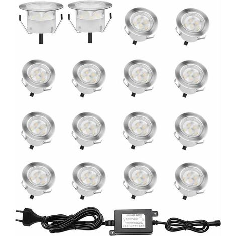 Lot de 16 Spots LED Encastrable pour Terrasse Bois, Etanche IP67, Spots à Encastrer Extérieur, 0,6W DC12V, Lumière Blanc, Kit Mini Lampe pour Chemin Contremarches d'escalier Plafond [Classe énergétiqu