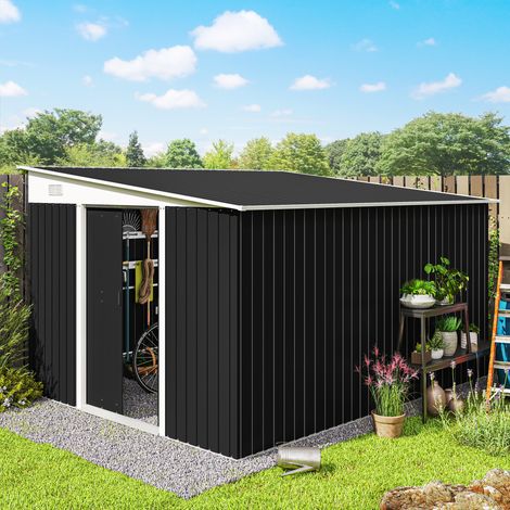 8,9 m² großer, verzinkter Stahl-Gartenschuppen mit 2 Lüftungsöffnungen, schrägem Dach, abschließbaren Doppelschiebetüren und Handschuhen, 280 x 345 x 169/201 cm, Schwarz