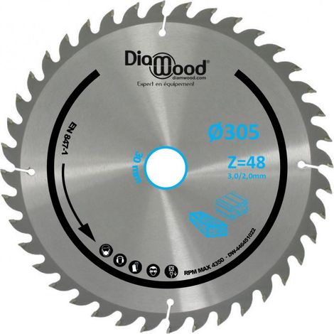 Diamwood – Lame de scie circulaire 305 mm – Alésage 30 mm – 48 dents trapézoïdales – Pour aluminium et bois dur – Vitesse max 4350 tr/min