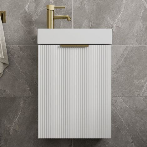 Fluted 400mm Bathroom Vanity Unit Basin Wall Hung Cupboard Soft Close Matt White (1/5)