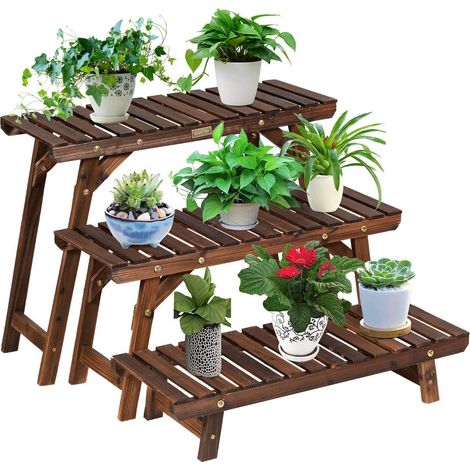 COSTWAY Soprte de Plantas Estante de Madera con 3 Niveles Estante Carbonizado de Escalera para Plantas y Flores (1/5)