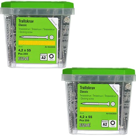 Tornillos para tarimas de madera ESSVE CLASSIC de acero inoxidable A2 4,2 x 55 mm, 250 unidades x 2 (1/3)