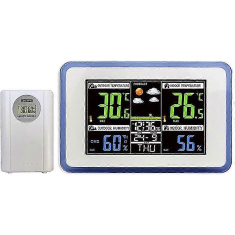 Horloge de station météo numérique compatible avec les prévisions météorologiques, les thermomètres intérieurs et extérieurs, les hygromètres et les horloges à écran tactile sans fil. (1/5)