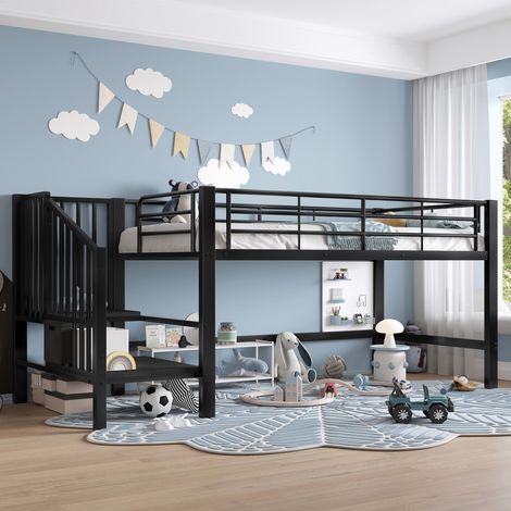 Cama alta 90 x 200 cm con escalera de almacenamiento barandilla de seguridad estructura metálica negra(Sin Colchón) (1/5)