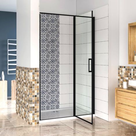 Aica Sanitaire – Porte de douche pivotante 120x185cm – Verre anticalcaire 6mm – Profilé aluminium noir mat – Installation en niche – Accès réversible