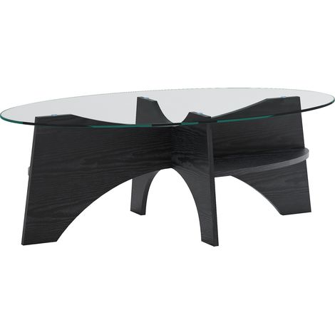 Mesa de centro ovalada de vidrio templado 104,9 x 60 x 35,6 cm con estructura de MDF negro (1/5)