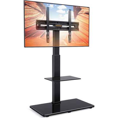 Support TV au sol pour téléviseurs 30-70 pouces jusqu'à 50 kg avec inclinaison, support tv sur pied avec pivotement à 80 degrés, étagère ajustable supportant jusqu'à 10kg, Max VESA 600x400mm (1/5)