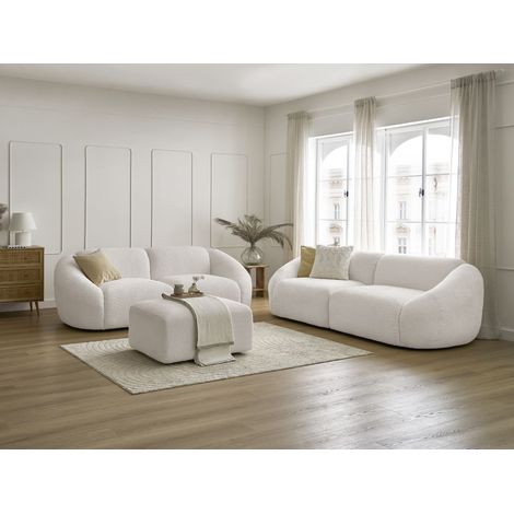 BOBOCHIC - Ensemble canapé droit fixe 3 + 2 places TINA tissu bouclette avec pouf Blanc (1/5)