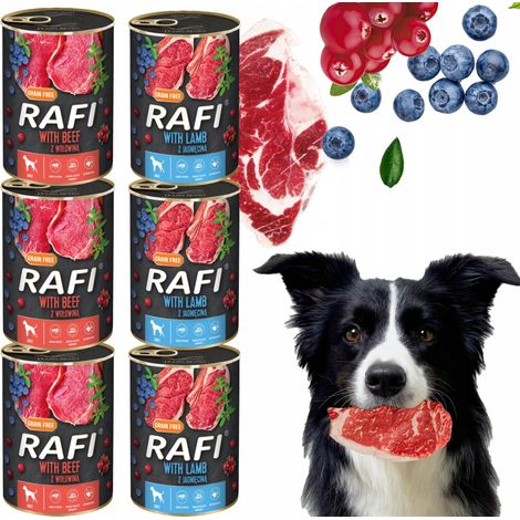 Lot de 6 sachets de 400 g de nourriture humide pour chiens RAFI MIX, saveurs (agneau, bœuf)
