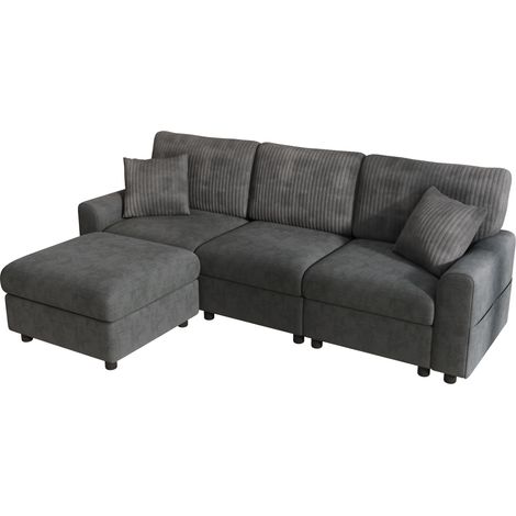Sofá moderno en gris con 1 reposapiés, 2 cojines cuadrados, puerto USB y Type-C, 223 x 146 x 84 cm (1/5)