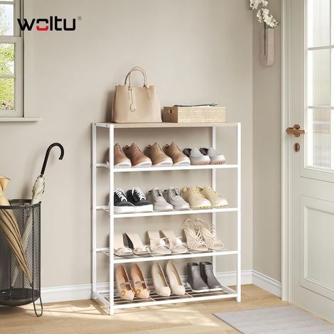 Étagère à Chaussures WOLTU, Étagère pour Chaussures avec 4 Étages en Treillis, Cadre Métallique, 63x30x83cm, Chêne Clair+Blanc (1/5)