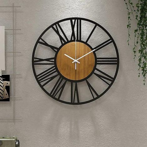 le Caf - 40 Cm Grande Horloge Murale Ronde En Bois Noir Pour Dcoration De Salon, Chiffres Romains Rtro, Silencieuse, Ne Chatouille Pas, Convient P (1/5)