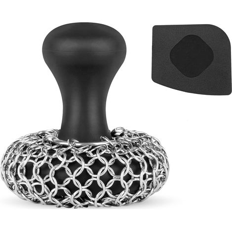 Estropajo de hierro fundido con mango de silicona. Para sartenes, sartenes y sartenes de hierro fundido. Agarre cómodo. Fácil de usar. Apto para lavavajillas. 1 unidad (negro, raspador de alimentos no