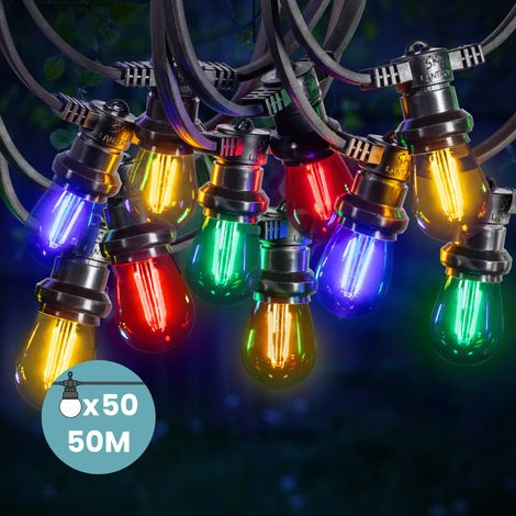 Guirlande Guinguette 50M 50 Bulbes Filament Rouge Bleu Jaune Vert - Guirlande Lumineuse Ampoule E27 Multicolore (1/5)