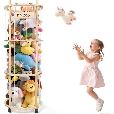Rangement pour peluches, avec frein à 360°, roues équipées de freins à 360°, 130 x 48,2 x 30 cm, pour chambre d'enfant, salle de jeux, salon, etc. (rond) (1/5)