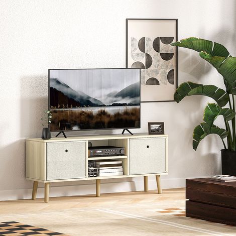 Meuble TV beige pour téléviseurs jusqu’à 50 pouces avec 2 tiroirs en tissu et étagères ouvertes : bois et (1/4)