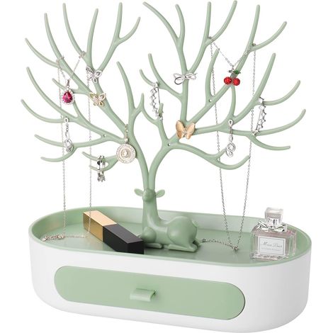 Schmuckbaum mit Schubladen, Schmuckbaumständer aus Kunststoff, Schmuckdisplay für Ohrringe, Halsketten, Armbänder, Uhren und Ringe (Grün + Weiß) (1/5)