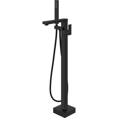 Mitigeur Baignoire Autoportant en Laiton, Bec Pivotant Angle Droit avec Douchette à Main, Noir Mat (1/4)