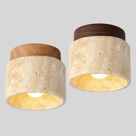 2 Stücke Retro Deckenlampe Holz Travertin Deckenleuchte Warmweißes Licht Ø12CM für Bar Café Flur Küche Restaurant