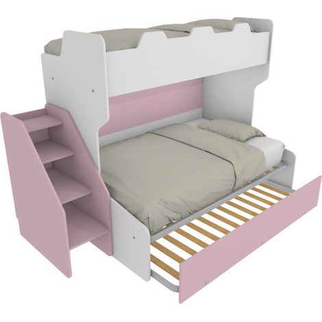 Letto a castello 3 posti con terzo letto estraibile e scaletta contenitore - Una piazza e mezza - bianco e cipria (1/5)