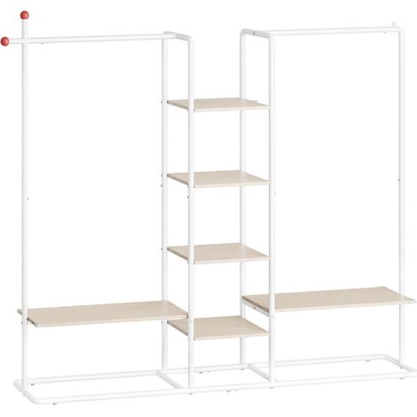 Portant à vêtements avec 2 tringles et 6 étagères – Acier et aggloméré – Capacité 136 kg – Crochets en forme d’allumette – Beige naturel et blanc mat