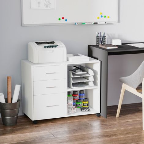 Blanc 80x40x65 cm - Armoire de bureau pour imprimante, mobilier multifonctionnel doté de 3 tiroirs, étagères et roues (1/4)