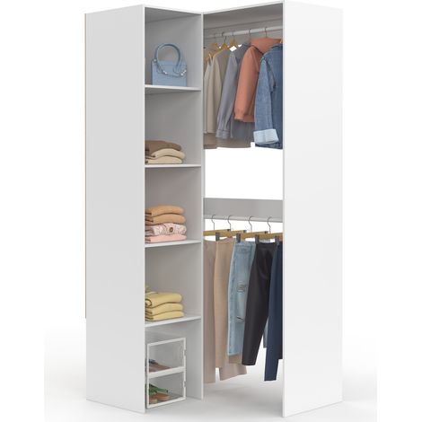 Dressing d'angle modulable L. 90 / 127 cm MELMAN double penderie + étagères blanc