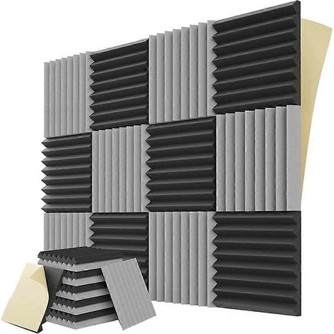 Lot de 12 panneaux en mousse insonorisante avec support auto-adhésif, 1x12x12 pouces, adaptés aux panneaux muraux acoustiques pour studios de jeu et d'enregistrement, noir et gris. (1/5)