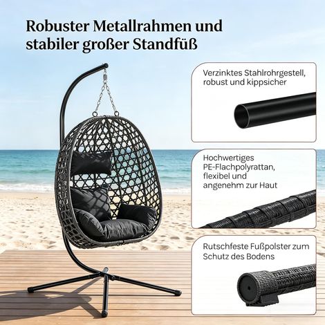 Fauteuil suspendu en rotin, balancelle design avec hauteur réglable, chaise hamac pour intérieur et extérieur (1/5)