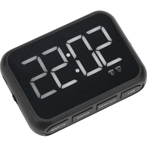 Réveil numérique avec commande vocale, volume réglable, chargement USB et fonction snooze. Réveil de bureau compact noir. (1/5)