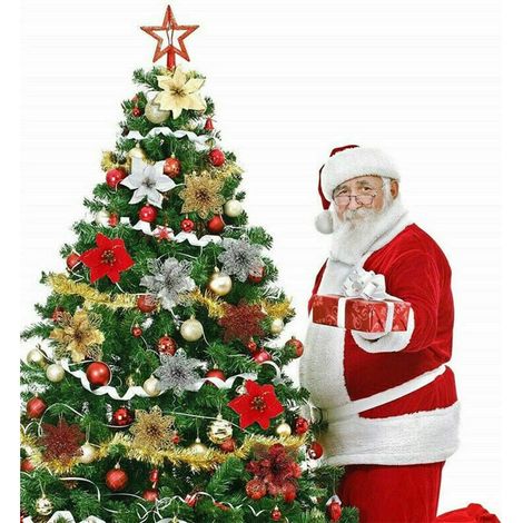 Adorno Para Árbol De Navidad - Flor Artificial De Poinsettia - 15 Cm - Decoración Navideña Para Árbol, Corona Y Fiesta - 12 Unidades (1/5)