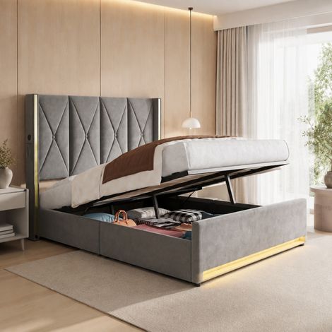 Cama con canapé 160x200 cm en terciopelo gris oscuro, cabecero acolchado, USB/Type-C, LED, OKWISH (1/5)