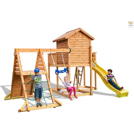 Fungoo Spielturm "My Side Spider+", teak, mit Rutsche, Einzelschaukel, Leiter, Haus mit Holzdach und Kletterturm