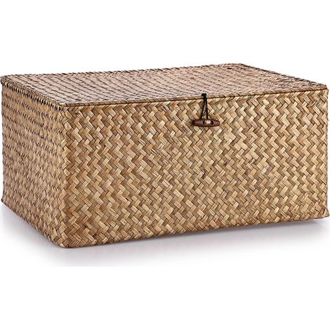Panier de rangement en jonc de mer avec couvercle - 40x28x19cm - Osier tissé naturel pour salon et bureau (1/5)