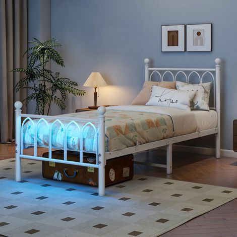 Cama individual metálica 90x200 cm con LED, USB y enchufe, cabecero alto, blanca (1/5)